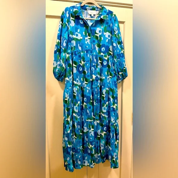 Pomander Place blue floral collared maxi dress with pockets, size M - Picture 1 of 9